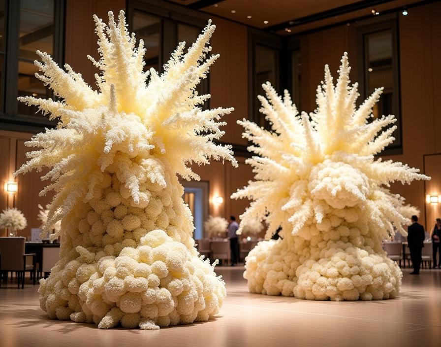 Large floral installations at a corporate event hall.