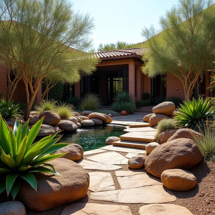 A beautifully designed garden with volcanic rocks and exotic, hardy plants.